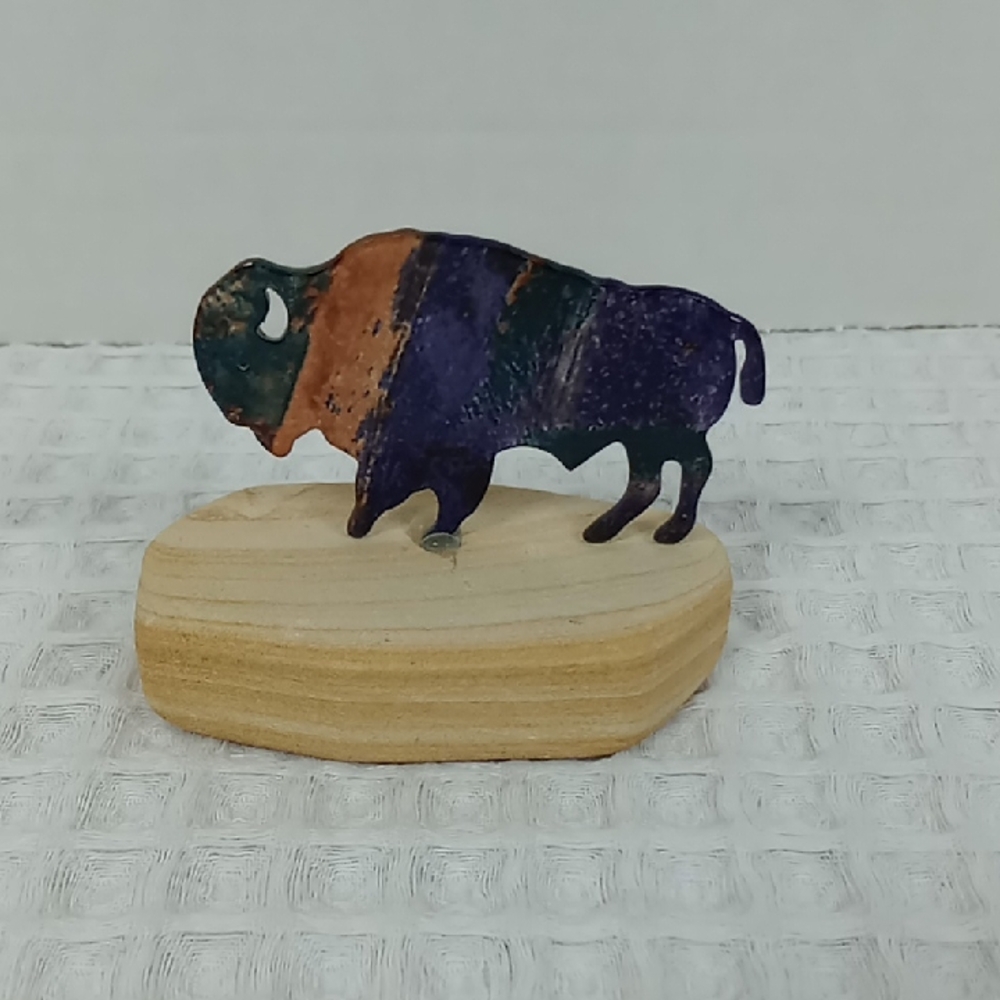 Vintage Colorful Metal Bison Figurine on Sandstone Base